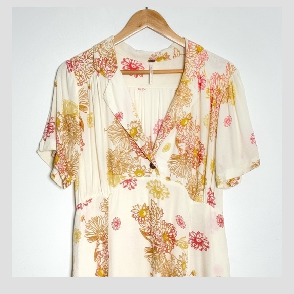 Free People Hawaii Dress Empire Waist Short Sleeve Mini Length Pink Yellow Cream - Picture 5 of 15